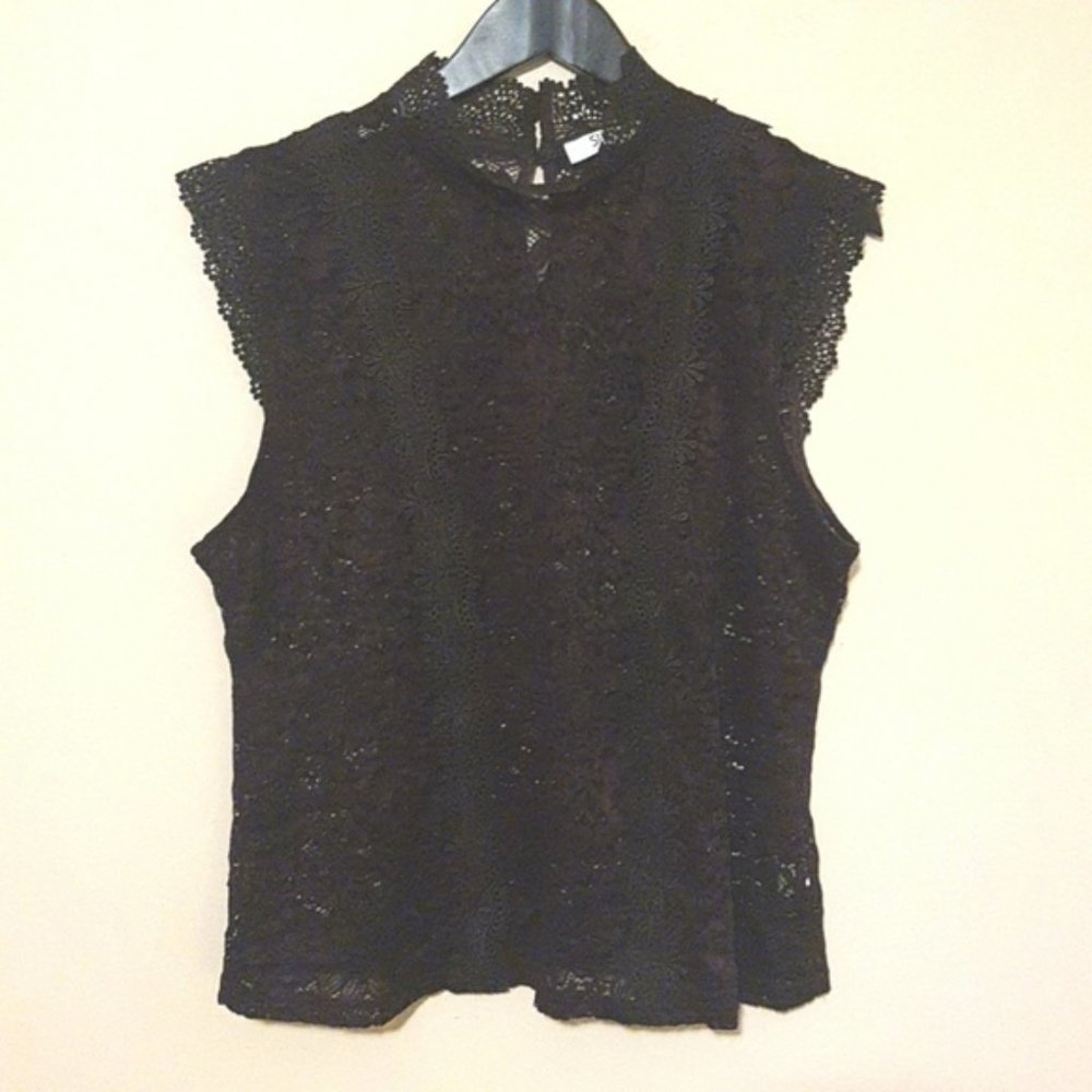 Suzy Shier black lace sheer mock neck cap sleeve blouse
